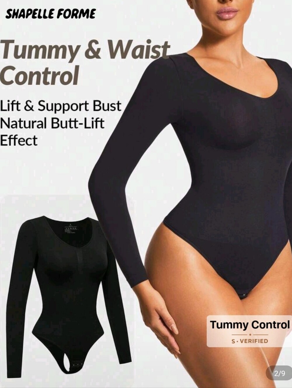 Tummy Control Long Sleeve Bodysuit - Black